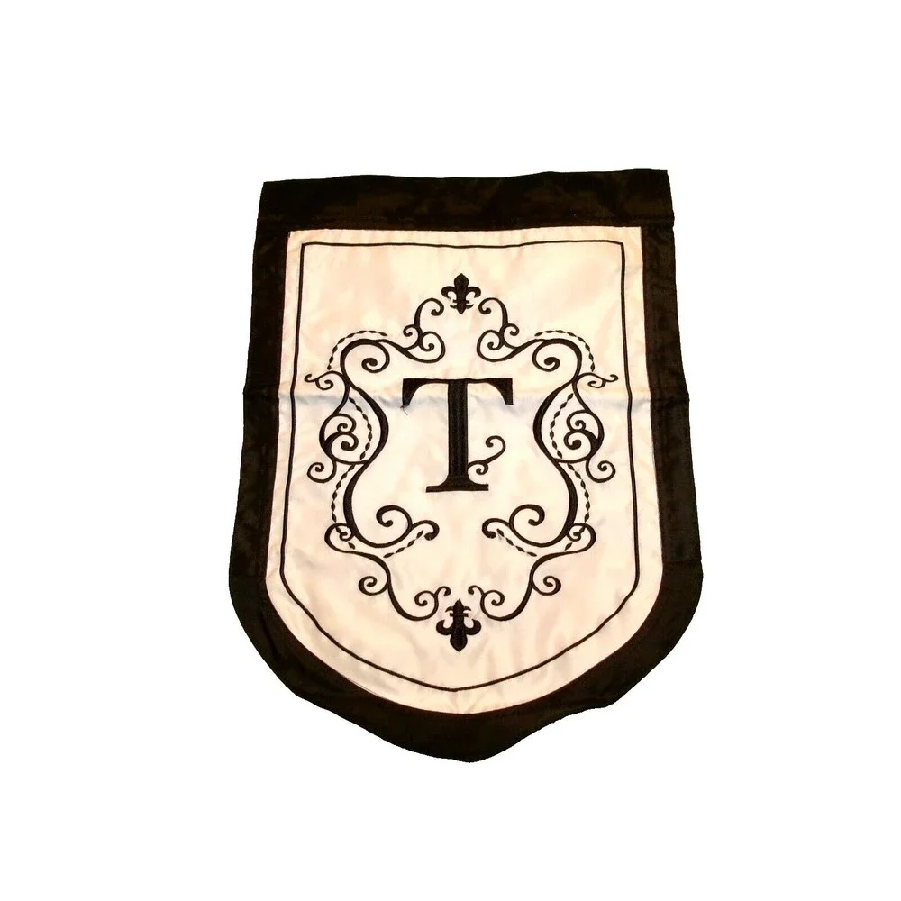Evergreen Flag Monogram Letter T Embroidered Applique Beige & Black 12x17 inches